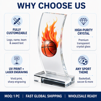 Trophée de basketball en cristal incurvé personnalisé, récompense de champion gravée sur mesure, cadeau de tournoi de ligue en gros