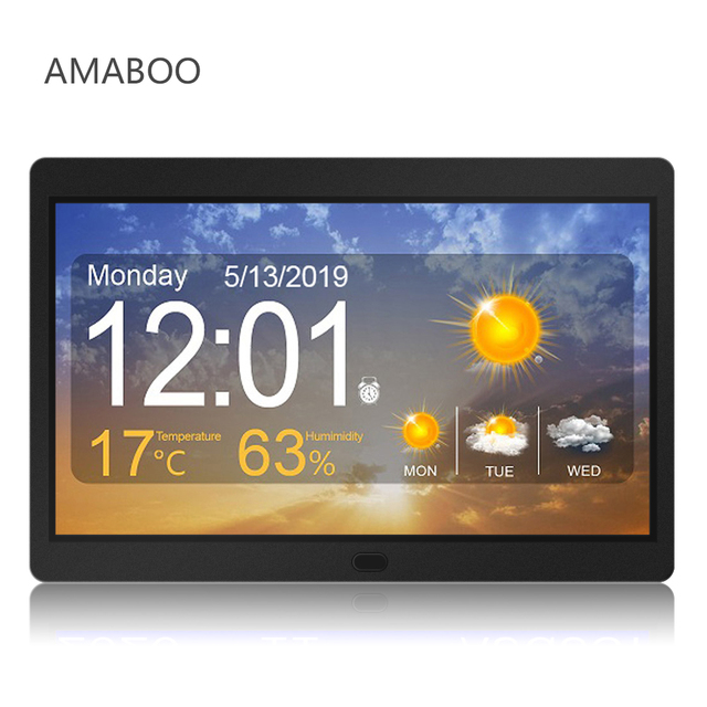 10-Inch Digital Wall Clock Wi-Fi Touchscreen MP3 AVI Indoor Temp 3 Alarms 5 Dimmer 2 USB Chargers Battery Backup Snooze 12/24H