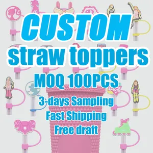 JT 8mm 10mm OEM Factory Custom 2D 3D Straw Cover Free Design Logo Custom Soft Rubber PVC Silicone Straw Toppers