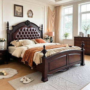 New Arrival Ornate Floral Carved Dark Brown Diamond Tufted Leather Four Poster Solid Wood Bed with Carved Storage Nightstands - Product Image 1