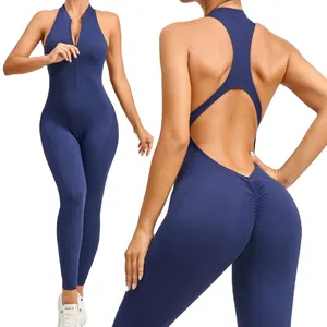 Plus Size One Piece Yoga Jumpsuit Mouwloze Holle Rug Workout Gym Scrunch Butt Bodysuit Dames Jumpsuit Met Rits