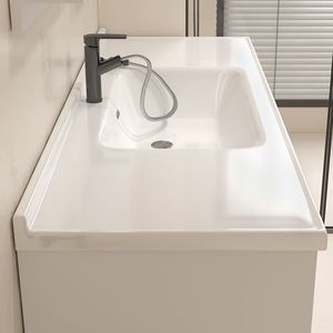 Modern Minimalist Ceramic Bathroom Vanity Set With Led Mirror Integrated Sink Rectangular White Wall Mounted - Product Image 4