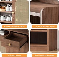 Meuble à chaussures en noyer avec éclairage LED et portes en rotin, étagères réglables, buffet de rangement d'entrée avec tiroir