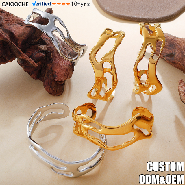 CAIOOCHE Modern Sculptural Cuff Bracelets Gold Plated Polished Open for Women Stainless Steel Jewelry Daily Party Statement Wear