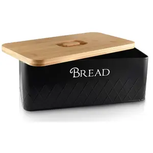Grande boîte de rangement de pain rectangulaire moderne noire avec couvercle de planche à découper en bambou boîte à pain en métal boîte à aliments