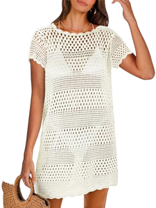 Robe de plage en maille crochetée pour femme, col rond, coupe ample, mini, pour les vacances d'été, respirante, séchage rapide, tricotée, tenue de bain ou vêtement d'extérieur - Product Image 1