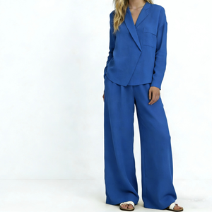 ALBBIA021 Royal Blue Casual Woven Linen Crepe <b>Set</b> Button Detail <b>Blazer</b>-Style Asymmetric Wrap Top Wide-Leg Trousers (Daily Wear) - Product Image 1