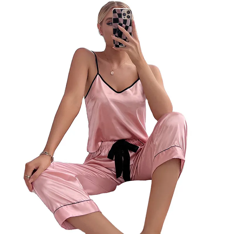 Dropshipping Women's ice silk sleepwear sexy satin pajamas cami top and trousers nightwear for women