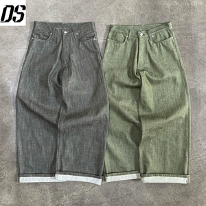 Fabricante de Pantalones Personalizados para <span class=keywords><strong>Hombre</strong></span>, Pantalones de Mezclilla Verde de Pierna Ancha, Mezclilla Selvedge de Calidad - Product Image 2