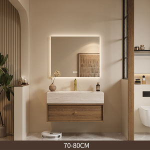 Meuble-lavabo mural de luxe Wabi Sabi avec dessus en travertin naturel, tiroirs en <span class=keywords><strong>bois</strong></span> massif et armoire miroir LED pour hôtel et villa - Product Image 5