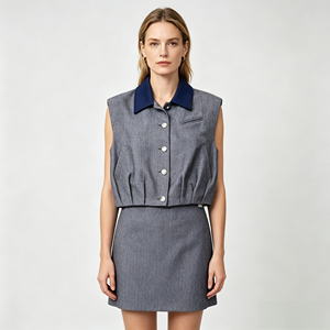 Conjunto de chaleco vintage sin mangas para mujer con botones frontales, cuello en contraste y minifalda, atuendo casual de oficina - Product Image 1