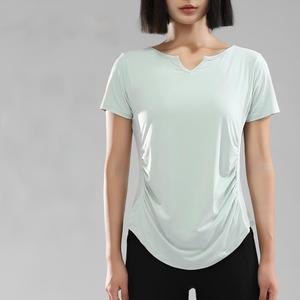 T-shirt de yoga pour femme, col en V, froncé sur les côtés, léger, coupe ample, manches courtes, pour l'entraînement, grandes tailles, Pilates, vêtements de sport, OEM ODM - Product Image 3