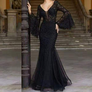 Thiết Kế Mới Thanh Lịch Sexy Sâu V Cổ Dài Tay Áo Evening Đuôi Cá Sequin <span class=keywords><strong>Prom</strong></span> Đảng Dress Đen - Product Image 4