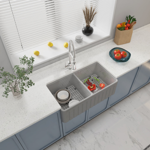 Évier de cuisine en céramique blanc de 33 pouces, double bac, style ferme, avec façade en argile réfractaire, profond - Product Image 2