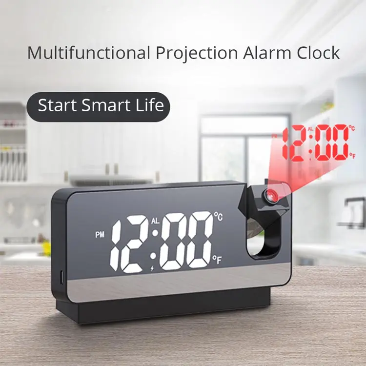 Cermin Desktop Jam Alarm Digital, Lazer Led Dinding untuk Kamar Tidur Anak-anak Jam Proyeksi Led