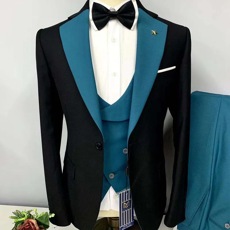 Mỏng Phù Hợp Với Blazer Blazer + Quần + Vest 3 Pcs Hai-Mảnh Đặt Đám Cưới Trang Phục Chính Thức Đạt Đỉnh Ve Áo Cưới Prom Terno Masculino Người Đàn Ông Của Phù Hợp Với