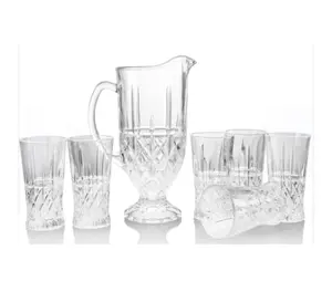 Middle East high quality drinking jug with cups sets Engraved Pattern Clear lemon Tea Water Jar Pitcher Set
