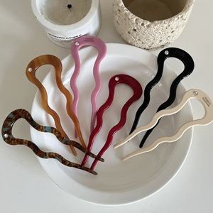 Épingle à cheveux en acétate français en forme de U ondulée avec strass, style national chinois, bâtonnet à cheveux de couleur unie, accessoire capillaire - Product Image 1