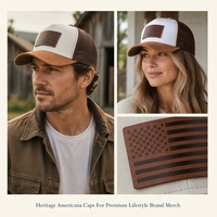 Casquette Trucker OEM ODM Blanche et Marron avec Patch en Cuir Drapeau Américain, Casquette Snapback 6 Panneaux en Maille, Faible MOQ, BSCI, Barudan, DDP, Expédition Rapide