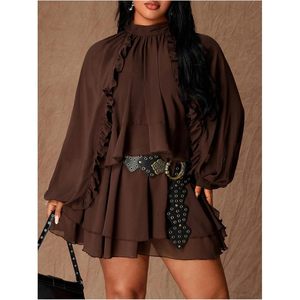 Vestido de Gasa para Mujer Tallas Grandes, Cuello Alto, Manga Larga, Corte A, con Volantes en Capas, Cintura Imperio, Estilo Y2K - Product Image 3