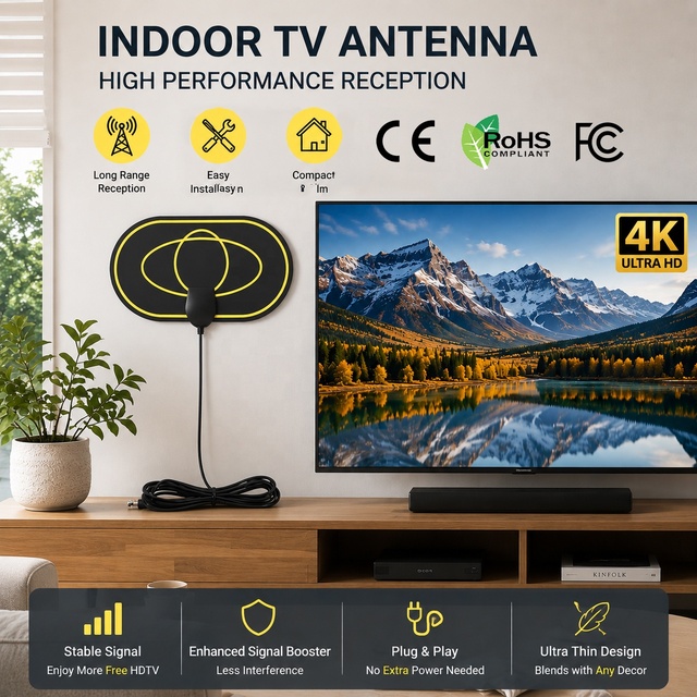 Digital Indoor HD 4K TV Antenna 30dBi Gain Plastic Wall Mount 170-240/470-862MHz Frequency Range Amplifier Included CE Certified