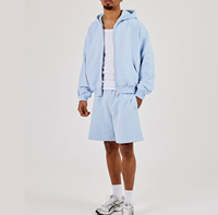 Ensemble de survêtement court pour homme, bleu clair, coupe décontractée, avec sweat à capuche zippé, coupe ample, 100% coton épais, imprimé et brodé de luxe