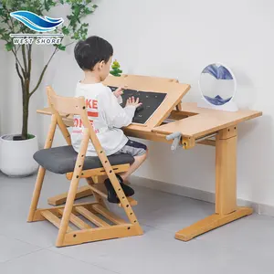 Ergonomik çocuk ahşap çalışma masası masa Modern yükseklik ayarlanabilir ahşap kız erkek çocuk çalışma masası ve öğrenciler için sandalye