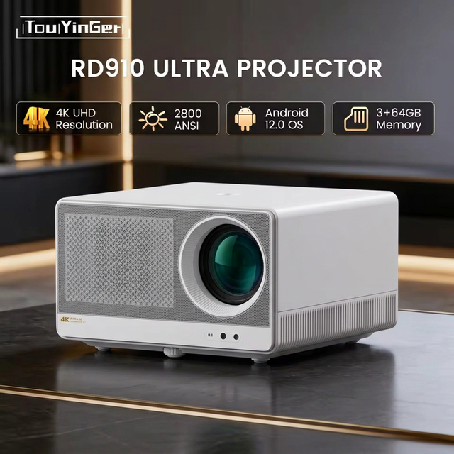 RD910 Ultra 4K UHD Projector 2800ANSI 3GB DDR4+64GB EMMC 16° Tilt Stand Sealed Optical Engine Home Theater Business Projector