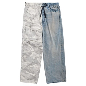 Jeans personnalisés à moitié camouflage à moitié denim, patchwork, jeans baggy, pantalon à taille élastique avec cordon de serrage, jeans baggy - Product Image 3