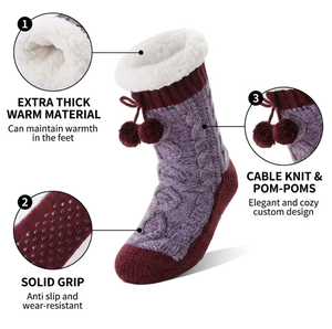 Chaussettes douillettes et antidérapantes Welwoos pour femmes, au-dessus du genou, en fourrure, épaisses, chaudes, pour l'hiver, cadeau <span class=keywords><strong>de</strong></span> Noël (rouge et violet) - Product Image 2