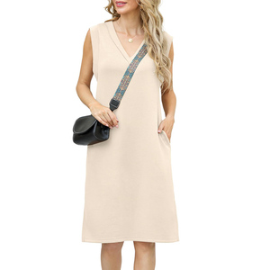 2025 Hot Bán Đa-Màu V Cổ Đơn Giản Dài Dresses Mùa Hè Giản Dị Không Tay Bên Túi Chia Dệt Kim Sundress Cho Phụ Nữ - Product Image 2