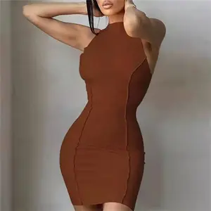 Gaun Mini Bodycon tanpa lengan wanita musim panas mode baru pakaian warna polos kasual wanita gaun pendek seksi