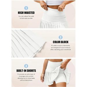 Jupe de tennis plissée taille haute pour femme avec short intégré, mini-jupe décontractée athlétique pour le golf, design color block - Product Image 4