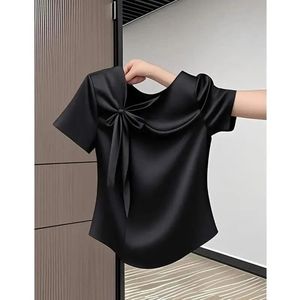 Camicetta in chiffon da donna con fiocco alla francese, maniche corte, in poliestere, design rosa, versatile e alla moda per l'estate - Product Image 4