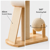 Arbre à chat en bois de chêne massif avec griffoir en sisal, rampe, jouet à bille rotatif à 360 degrés, lit-perchoir en peluche en forme de donut W1