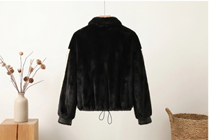 Black &amp; <strong>White</strong> Color Block Mink Fur <strong>Jacket</strong> for Women, Stand Collar Loose Fit <strong>Short</strong> Fur Coat, Casual Luxury Winter Outerwear - Product Image 3