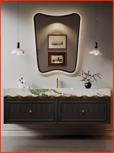 Handmade original design French retro <b>oak</b> rock panel seamless ceramic basin intelligent mirror cabinet bathroom cabinet - Product Image 2