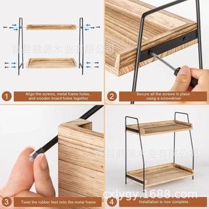 Retro Wooden Double Layer Storage Rack Iron Frame Multifunctional Kitchen Spice Organizer Shelf for Condiments and Tea - Product Image 5
