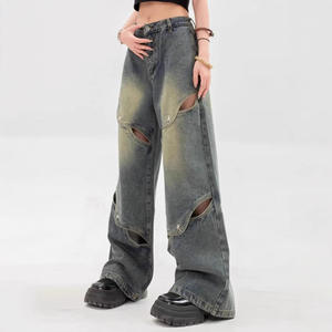 Pantalones Vaqueros Anchos Desestructurados Únicos para Mujer, Estilo Americano, de Tela Gruesa, con Aberturas, Largos hasta el Suelo, Diseño Vintage - Product Image 3