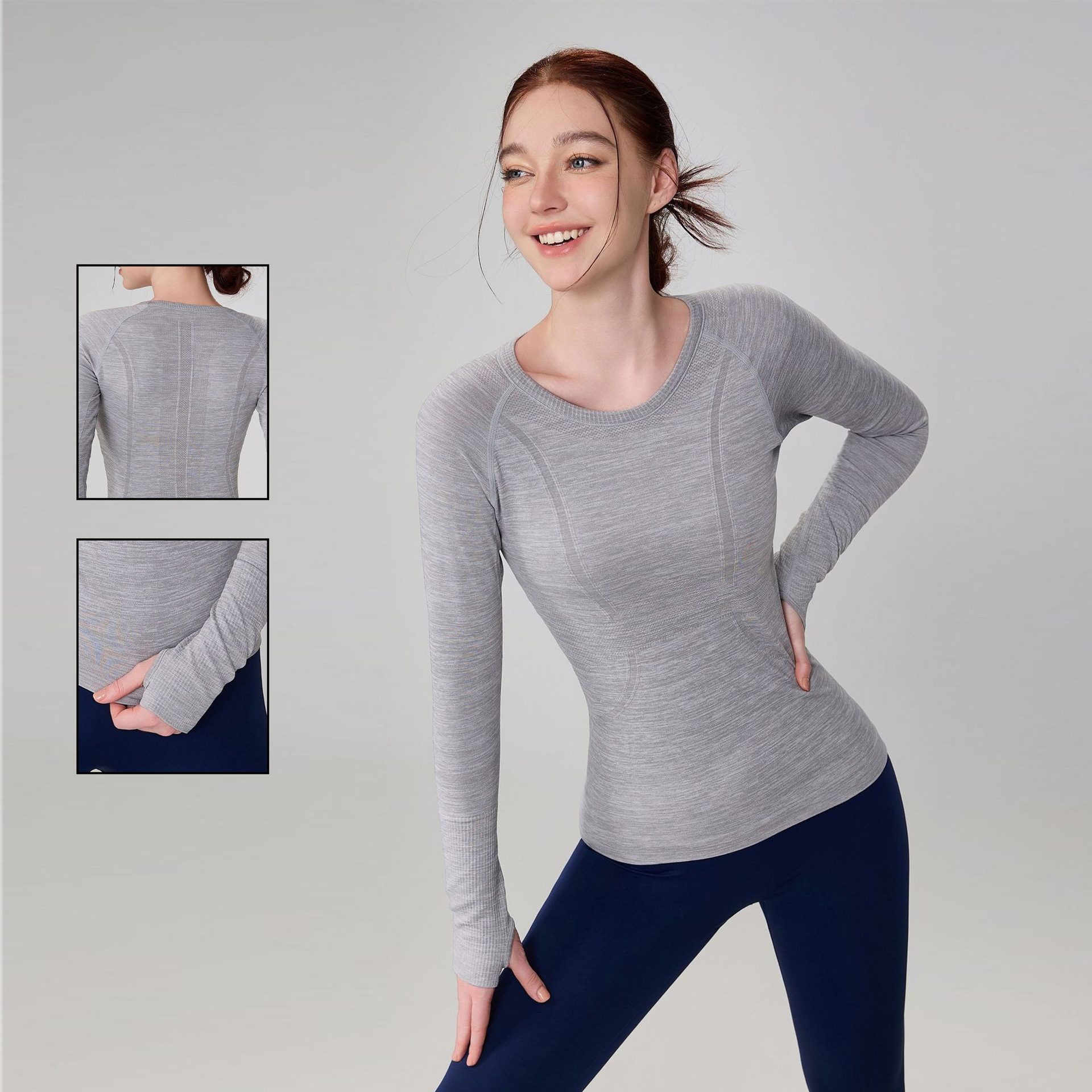Top Selling High Stretch Seamless Yoga Top for Women Round-Neck Slim Long Sleeve Thumb Hole Yoga Top for Gym Fitness Athletic