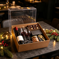 Coffret Cadeau Vin Kraft avec Bouteille, Verres, Chocolats, Amandes, Tire-bouchon Doré, Emballage Vert, Vente en Gros, Ensemble Cadeau