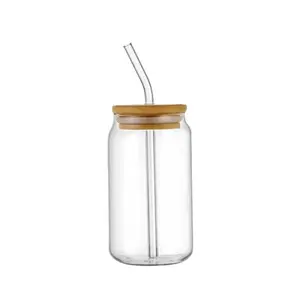 Espresso logotipo personalizado lata en blanco en forma de vaso de agua cerveza soda lata de vidrio con tapa de bambú y pajita