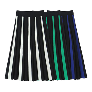 Fashion Women's Clothing 2026 Spring New Breathable Vintage Knitted Color Block <b>Striped</b> A-Line <b>Midi</b> Pleated <b>Skirt</b> - Product Image 1