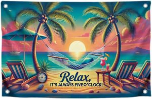 Bandiera in poliestere monofacciale 3x5 piedi con 4 occhielli in ottone - Design 'Relax It's Always Five O'Clock' Tramonto Tropicale Amaca Spiaggia - Product Image 2