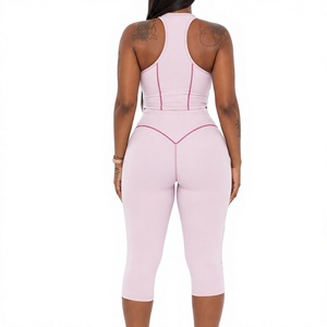 Custom Logo Women Light Pink Halter Neck Crop Top and High Waist Drawstring <b>Capri</b> <b>Leggings</b> Set Women Two Piece Seamless Set - Product Image 2