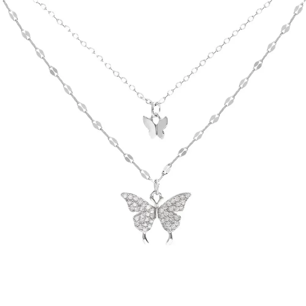 Factory Supply Hot Sale Double Layer Butterfly High Quality Zircon Pendant 925 Sterling Silver Necklace For Women