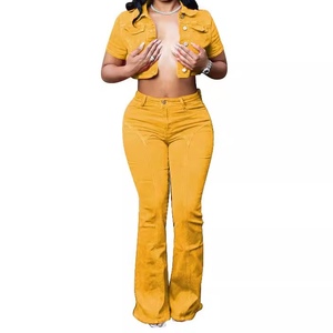 Flare Stretch Pants Short Sleeve Short <b>Tops</b> Women's Casual Denim 2 Piece Set Fashion - Product Image 2