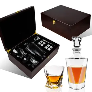 Luxury wine whiskey stone wine twist glasses decanter set with wooden gift box