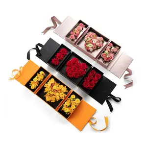 High end high quality black pink orange matt customized logo rigid foldable box with ribbon bow for three kinds of flowers in on