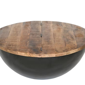 Mesa de centro redonda de hierro/WD negra con tablero de PC / Chapa metálica natural AR / Madera de mango Aara - Colección a precio mayorista - Product Image 1